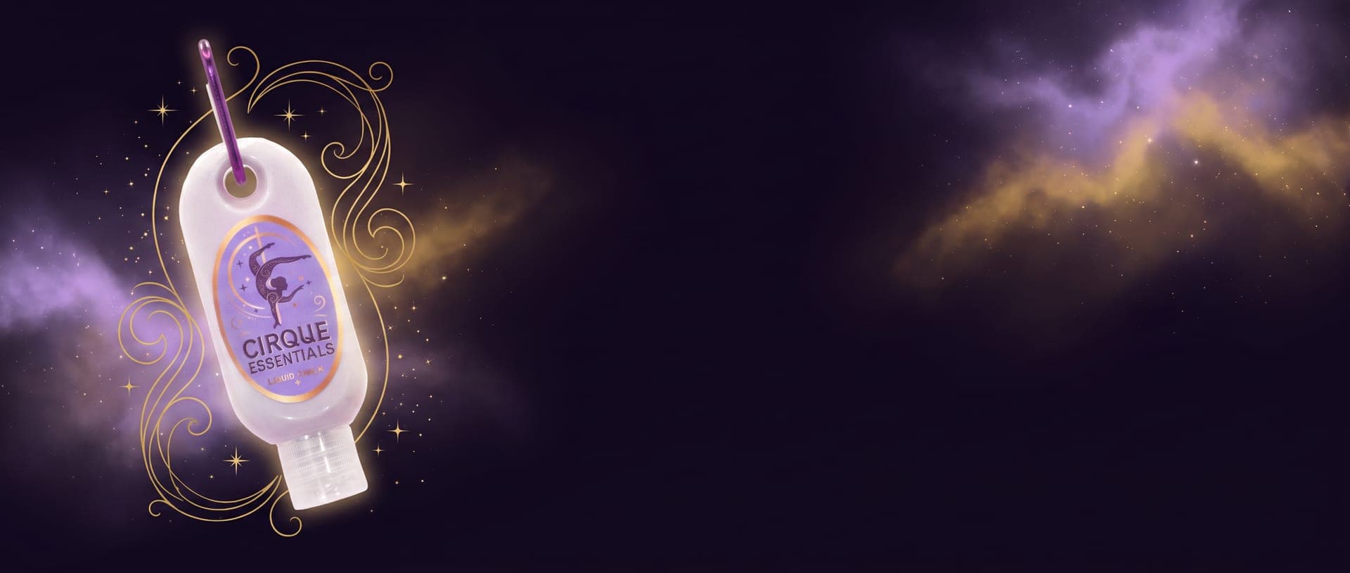 Cirque Essentials liquid chalk bottle framed by gold flourishes on a night sky