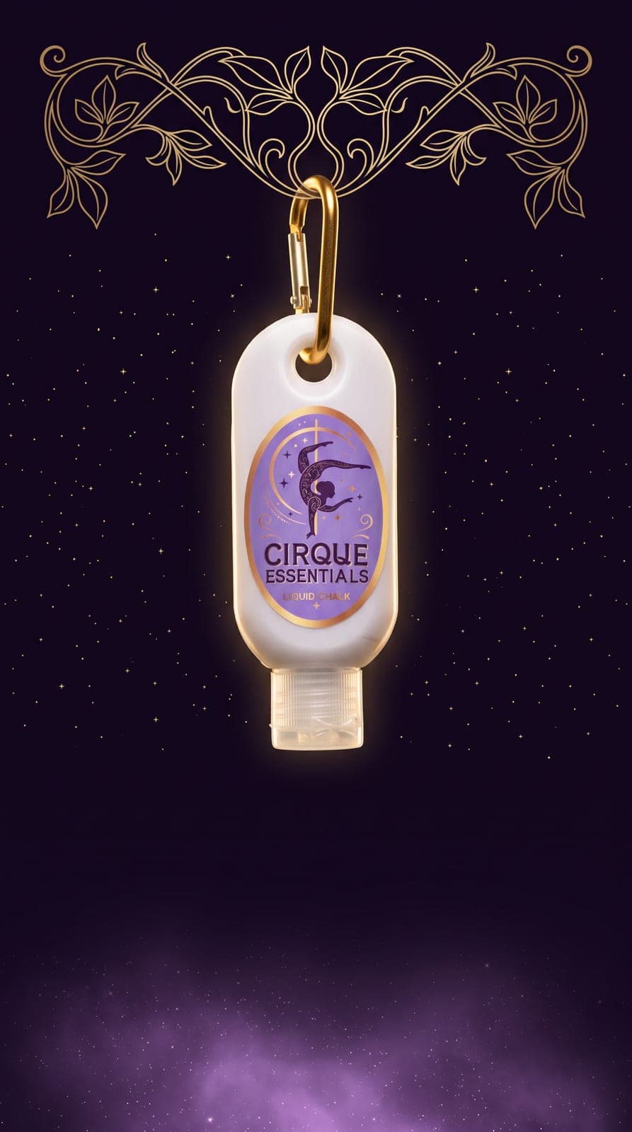 Cirque Essentials liquid chalk bottle hanging by its gold carabiner