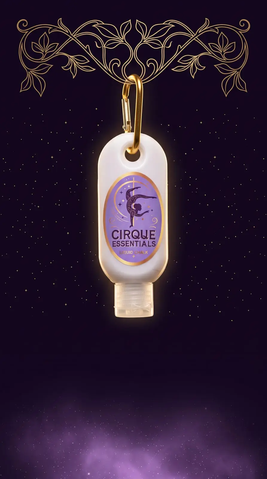 Cirque Essentials liquid chalk bottle hanging by its gold carabiner