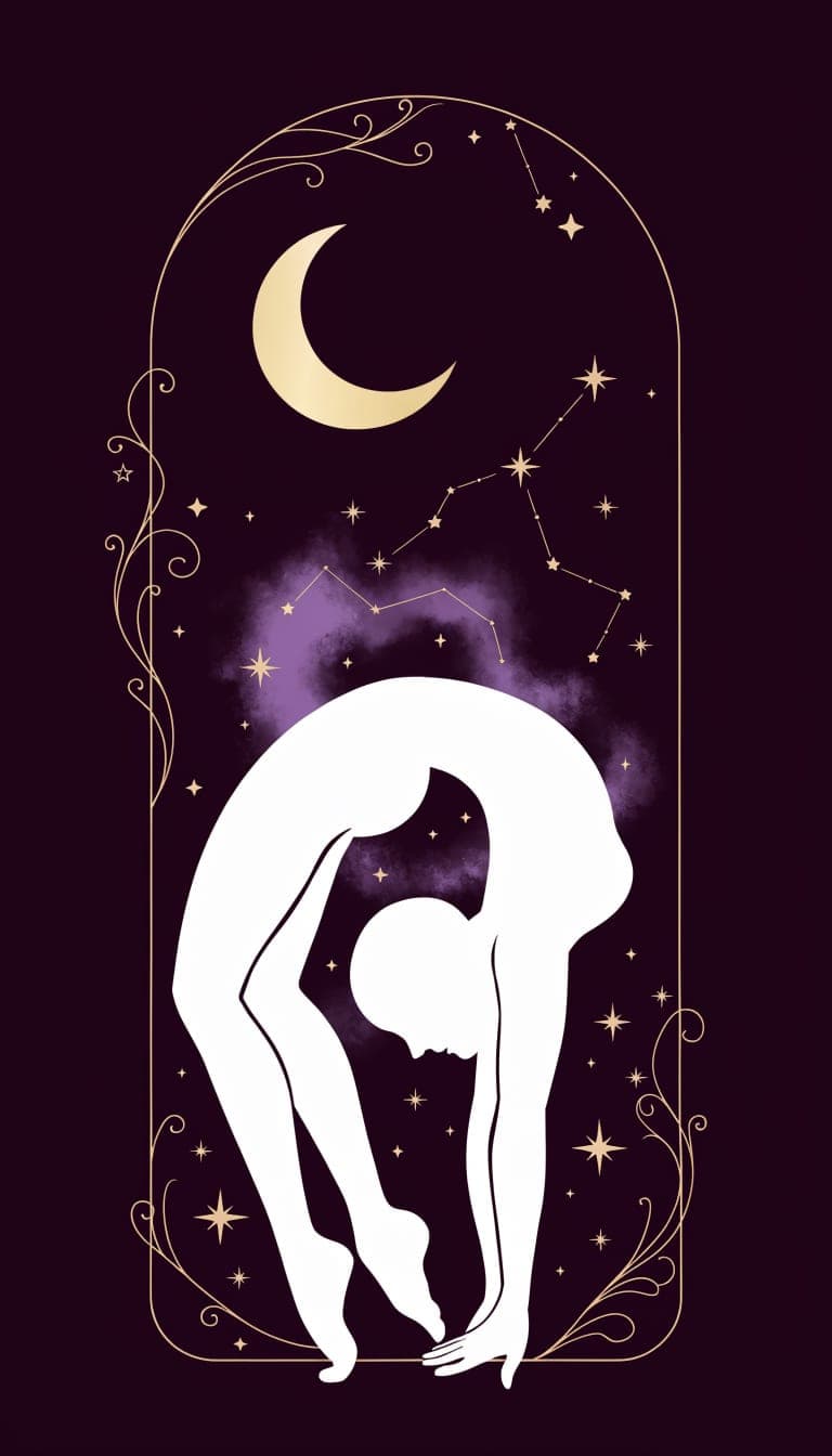 Art nouveau illustration of a contortionist backbend under a crescent moon