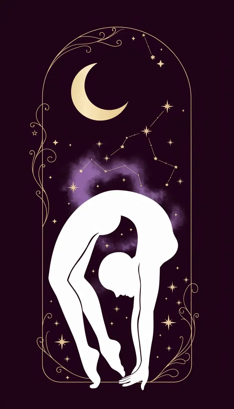 Art nouveau illustration of a contortionist backbend under a crescent moon